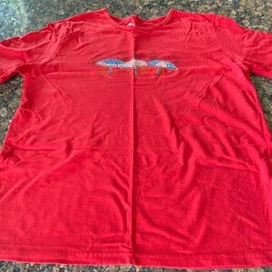 Women’s 100% cotton red T-shirt with American flag umbrella emblems